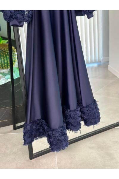 BÜRDE Gül İşlemeli Lacivert Renk Kadın Saten Abiye