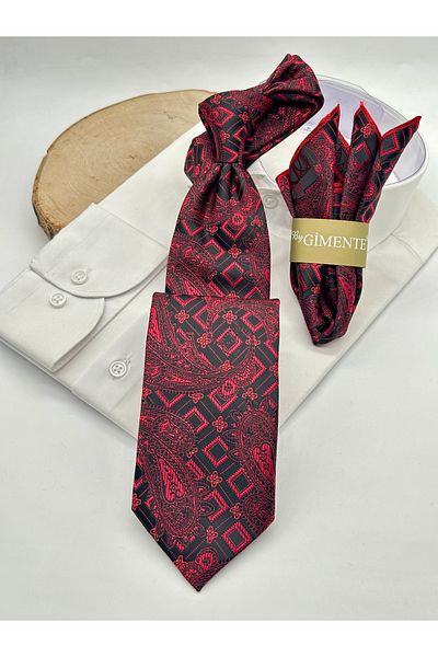 Gutiero Black Claret Red Shawl Patterned Classic Tie with Handkerchief