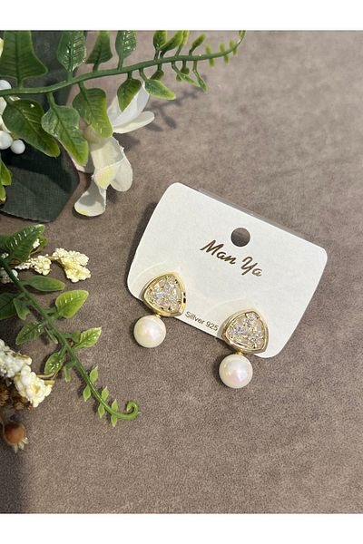 BEREN KILIÇ Gold Edge Zircon Stone Pearl Earrings Steel Earrings