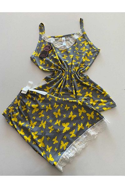 BAHHAR Women's Yellow Butterfly Rope Hanging Lace Detail Soft Viscose Shorts Suit