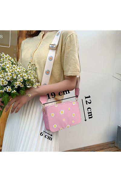 Emre Bebe Daisy Patterned Pink Pu Leather Shoulder and Crossbody Bag - Detachable Strap