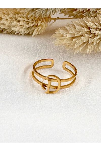 Siya Silver Non-Tarnish Steel Gold Color Letter Adjustable Ring