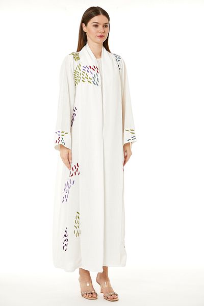 MOiSTREET White Linen Embroidered Abaya