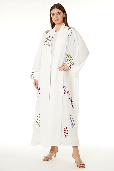 MOiSTREET White Linen Embroidered Abaya