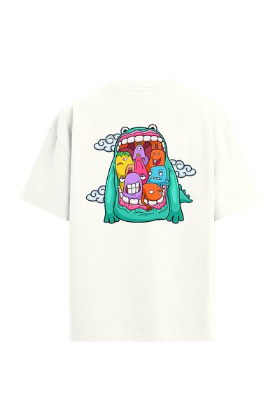 Colermi Back Printed Oversize Ecru T-Shirt with Colorful Character Design