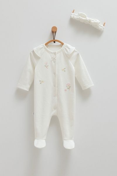 Caramell Baby Girl Jumpsuit with Bandana 100% Cotton Flower Detail (All Sizes with Pads)
