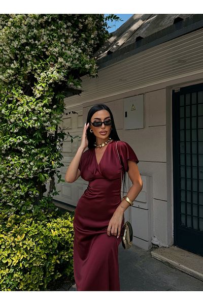 OLSAMODA Women's V-Necklace Pleated Satin Midi Dress