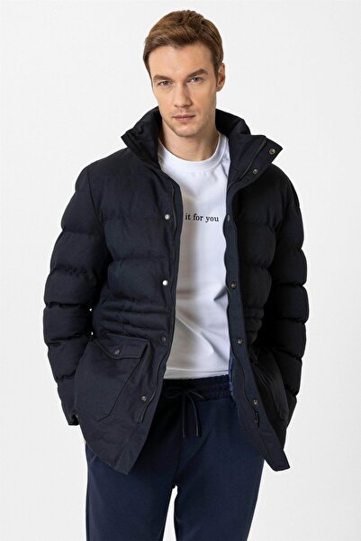 SÜVARİ Slim Fit Armure Patterned Navy Blue Quality Coat