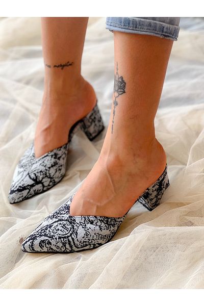 BERFONA Oasi̇s Black Gray Linen 5 cm Heel Slippers