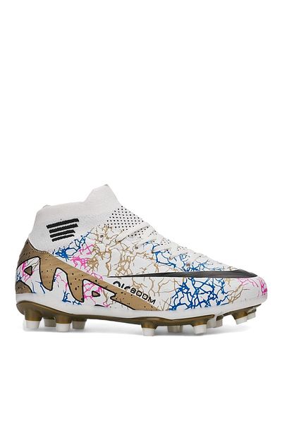 Nisanur Shoes Laliga White Gold Socks Crampon Grass and Carpet Field Football Shoes