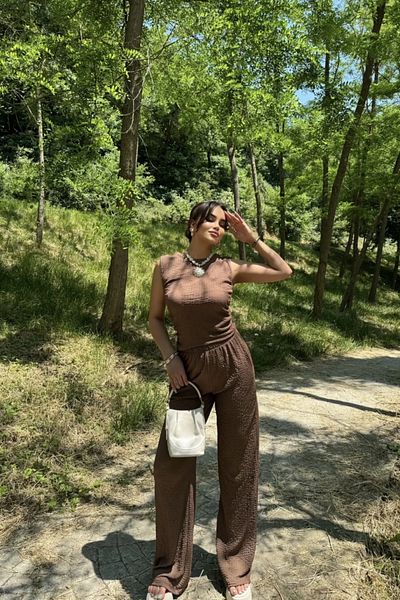 Aventien Seersucker Fabric Brown Blouse Trousers Set
