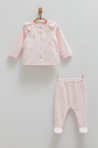 Caramell Baby Girl Set 100% Cotton with Flower Details (with Slippers between 1-6 Months, Without Slippers between 6-12 Months)