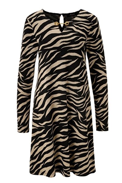 Şans Rochie de damă mărime mare negru-bej, model zebră, detaliu guler 65N38995