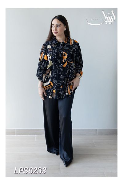LINELLE Co-ord Set - Solid Black Pants & Printed Shirt in Satin Blend.