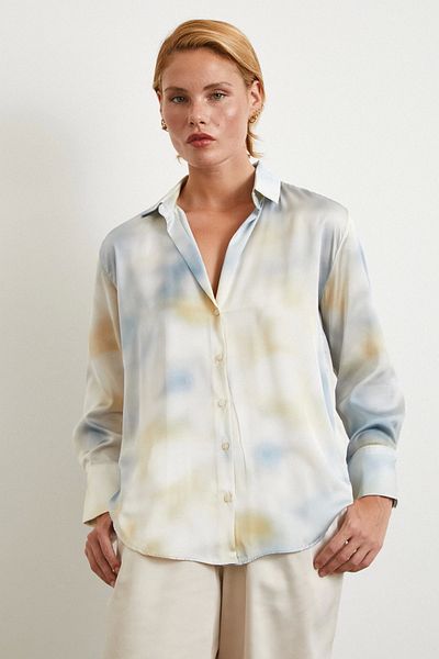 Never more Ebruli Pattern Satin Shirt Ice Blue