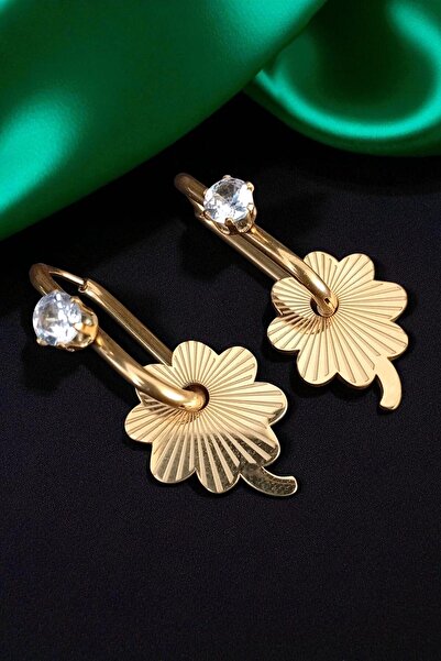 Serenita Mare Kadın Çelik Altın Kaplama Zirkon Taşlı Kare Yonca Figür Sallant...