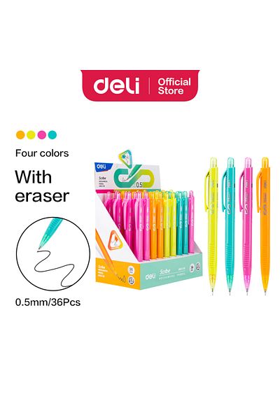 Deli EU60200 Plastic Mechanical Pencil 0.5mm Assorted 36pcs–ideal for school, notes & daily use