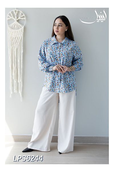 LINELLE Co-ord Set - White Pant and Blue Multicolor Ditsy Floral Print Shirt in Satin Blend.
