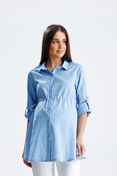 KATLİN MATERNİTY WEAR Hamile Gömlek, Poplin Pamuklu Kumaş, Yanlardan Bağcık ve Kollar Kıvrımlı Detaylı
