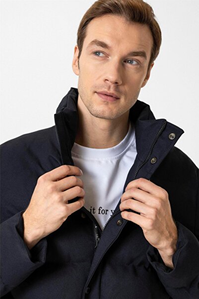 SÜVARİ Slim Fit Armure Patterned Navy Blue Quality Coat