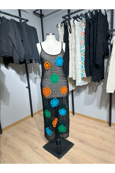 MT CLUB Kadın Renkli Çiçek Desenli Tığ İşlemeli Plaj Elbisesi