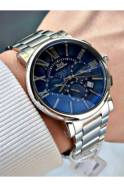 Romanson Functional Silver-Navy Color Steel Cord Steel Case Men's Wrist Watch with 24 Months Warranty 1013.09Mr