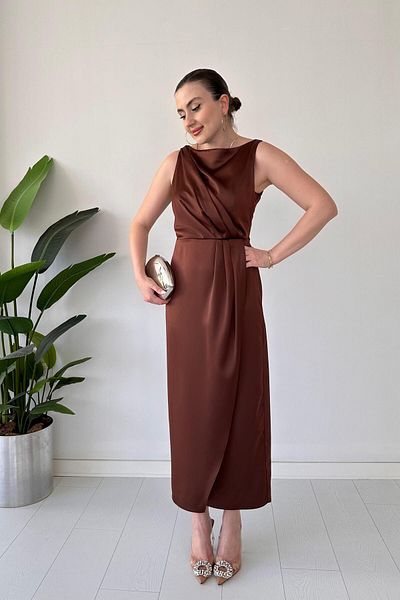 MaziButik Απλό Στάμπα Φόρεμα Καφέ