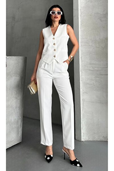 pembekurdelem Women's Flower Button Detailed Classic Vest Trousers Suit White