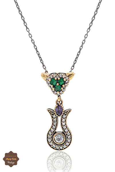 Midyat Nurtaş Gümüş Zümrüt ve Ametist Taşlı Lale Model Kadın Gümüş Otantik Ko...