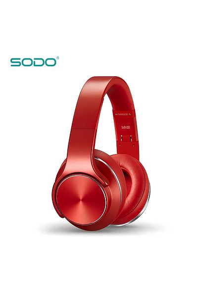 Sodo سماعات رأس بلوتوث فوق الأذن مع ميكروفون باللون الأحمر