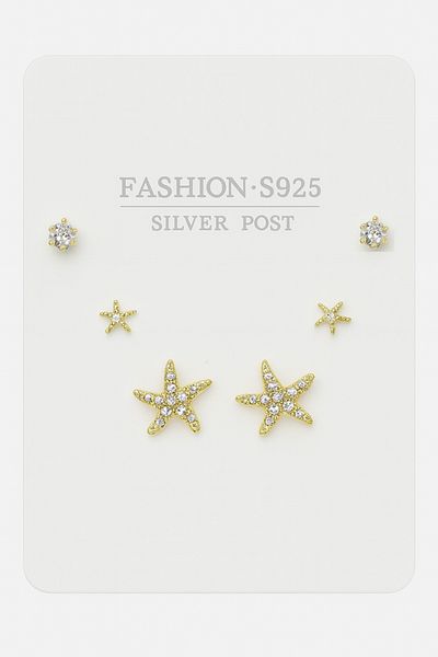 MakeWell Blackening 925S Silver Needle Star Design Gold and Silver Plated Solitaire Earrings Set of 3