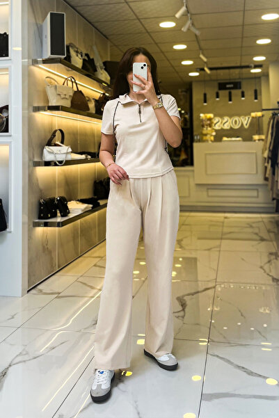 Vosse On Fashıon Bej Kapüşonlu Fermuarlı Beli Lastikli Eşofman Takım