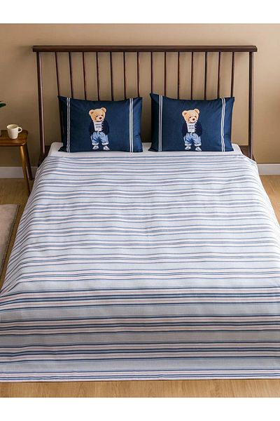 LC Waikiki Lcw Home Navy Blue Bear Teddy Printed Double Pique Set