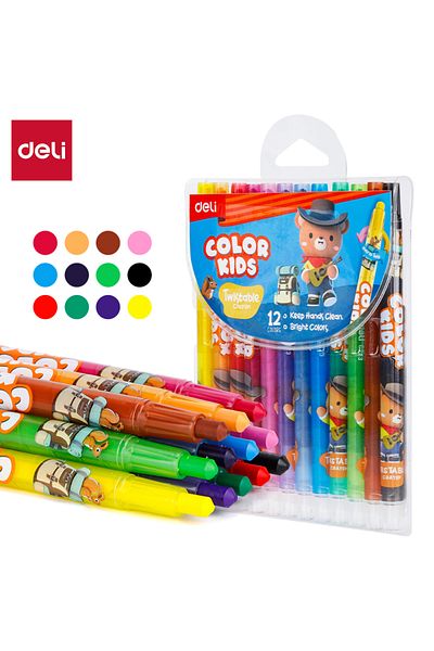 Deli EC223-12 Twistable Crayons Ø10×165mm, 12 Colors – ideal for clean and fun coloring
