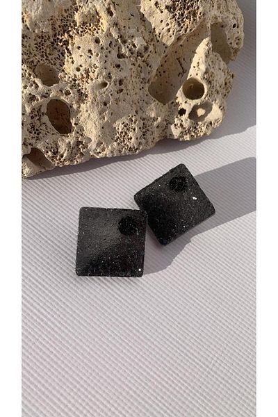 MISS GOLDEN Serrated Black Colored Mega Size Square Shape Epoxy Earrings with Gold Accessories Handmade Gift