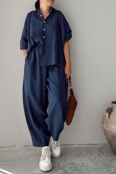 Suziş طقم بنطلون شالوار قميص كبير الحجم للنساء باللون الأزرق الداكن 50957