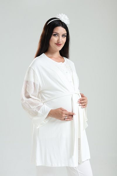 Lohussa Ecru Foil Patterned Special Design 100% Cotton Summer Maternity Maternity Dressing Gown Pajama Set Set