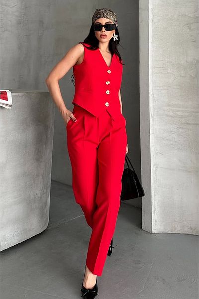 pembekurdelem Women's Flower Button Detailed Classic Vest Trousers Suit Red