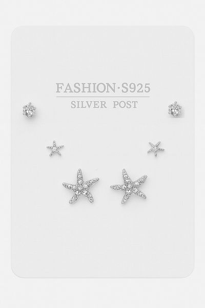 MakeWell Blackening 925S Silver Needle Star Design Gold and Silver Plated Solitaire Earrings Set of 3