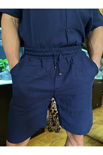 Pubblica Men's Navy Blue Muslin Fabric Bottom-Top Set