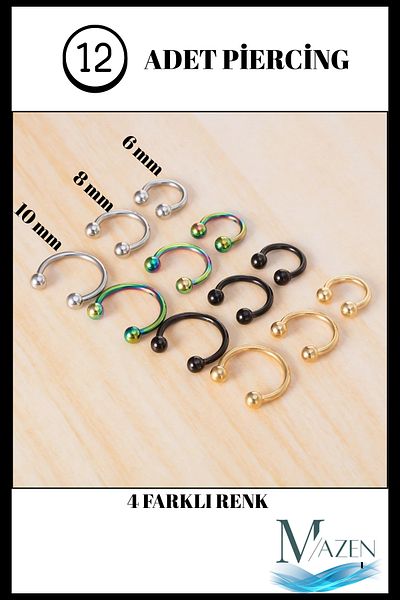 MAZEN 12 Piece Piercing Set |   4 Colors 3 Sizes Full Set |   Non-Tarnish 100% Surgical Steel