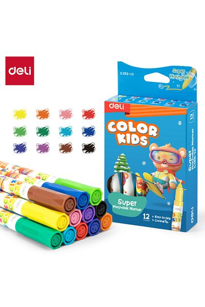 Deli EC155-12 Super Washable Markers φ15×135mm, 12 Colors – ideal for kids’ creative fun