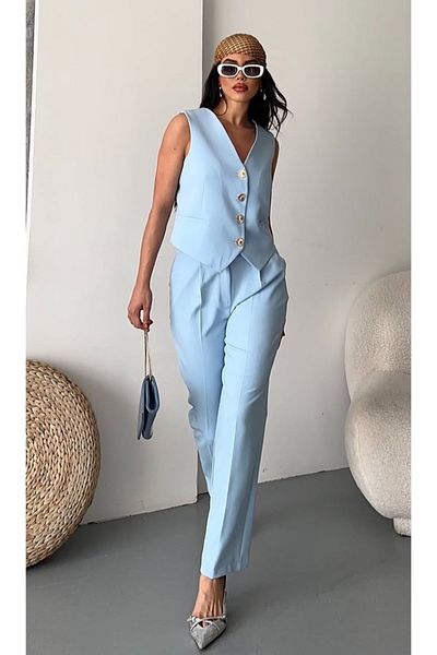 pembekurdelem Set pantaloni vestă clasică cu nasturi florale pentru femei Baby Blue