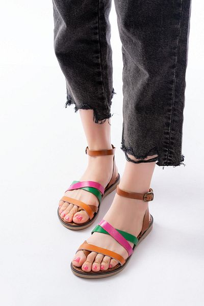 Aymood 205-209 Multi Genuine Leather Buckle Flip Flops Women's Sandals