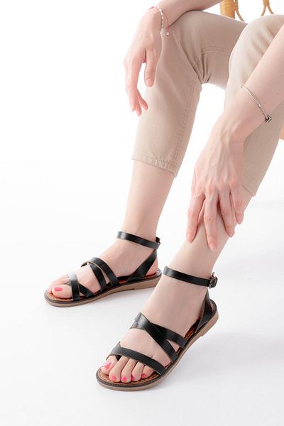Aymood 205-209 Black Genuine Leather Buckle Flip Flops Women's Sandals