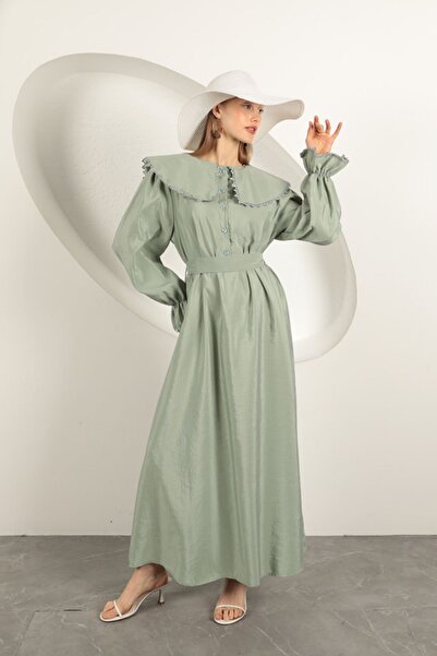 Genel Markalar Modal Kumaş Dantelli Kadın Elbise-Mint - XL