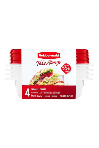 RUBBERMAID مجموعة تخزين طعام بلاستيكية متينة على شكل مربع، مكونة من 4 قطع، خالية من مادة BPA، باللونين الأحمر والشفاف