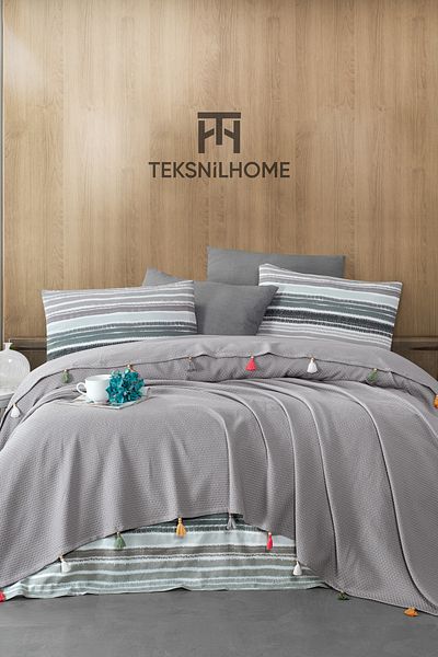 TeksNil Home 100% Cotton Valeria Tassel Double Tassel Gray Pique Set (Bed Sheet, Pique, Pillow Cover)