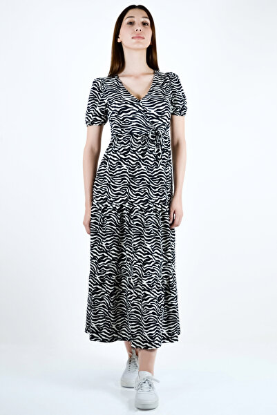 BUSEM Zebra Patterned Double Breasted Collar Short Sleeve Long Dress Ecru Black