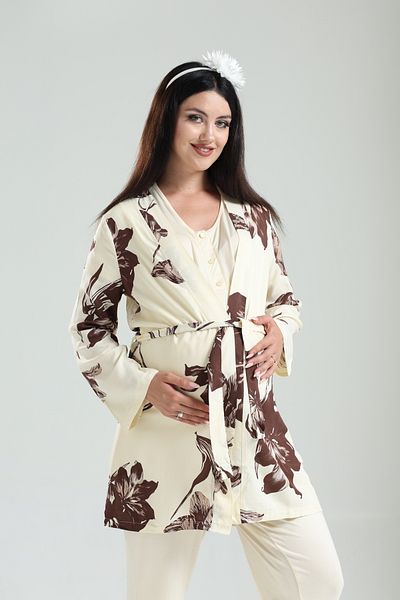 Lohussa Coffee Patterned Special Design 100% Cotton Summer Woven Maternity Maternity Dressing Gown Pajama Set